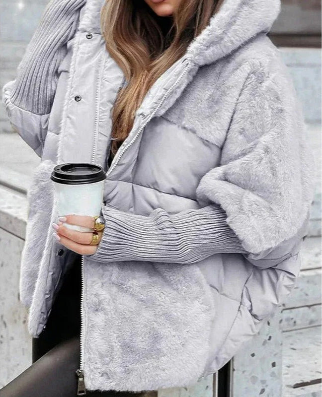 Elegant fur-trimmed hooded quilted jacket for women - J&B - 2 - London-stylehouse.com