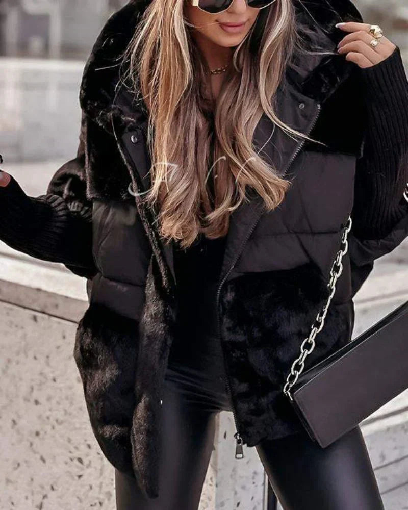 Elegant fur-trimmed hooded quilted jacket for women - J&B - 5 - London-stylehouse.com