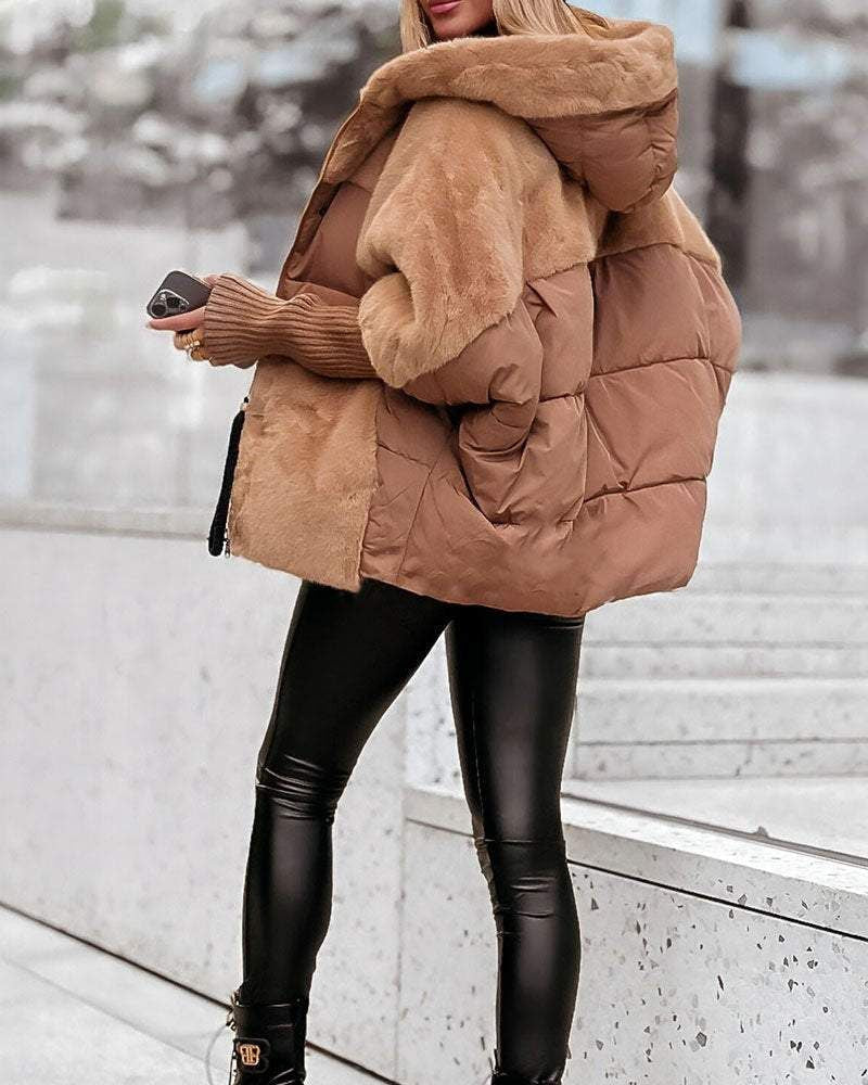 Elegant fur-trimmed hooded quilted jacket for women - J&B - 6 - London-stylehouse.com
