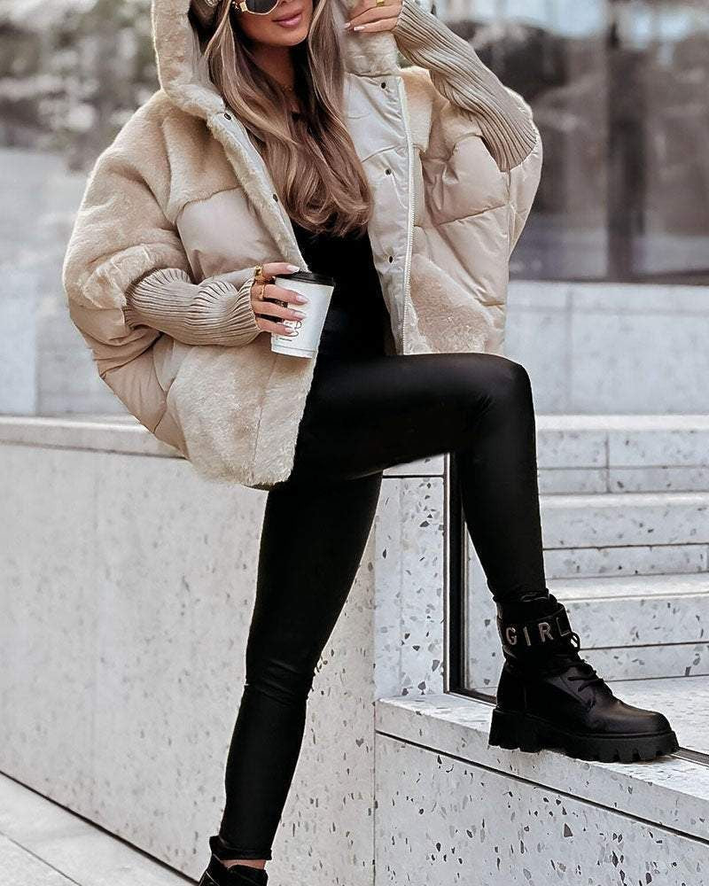 Elegant fur-trimmed hooded quilted jacket for women - J&B - 9 - London-stylehouse.com