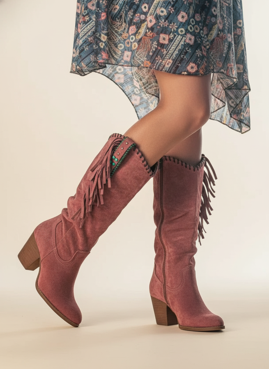 Chic calf-high women’s boots with block heels and fringe accents - J&B - 1 - London-stylehouse.com