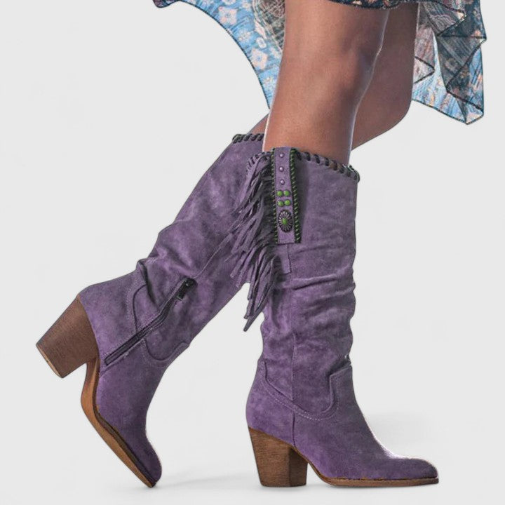 Chic calf-high women’s boots with block heels and fringe accents - J&B - 2 - London-stylehouse.com