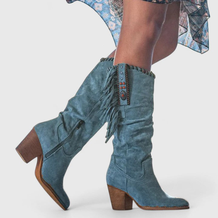 Chic calf-high women’s boots with block heels and fringe accents - J&B - 3 - London-stylehouse.com