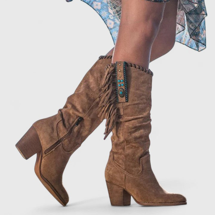 Chic calf-high women’s boots with block heels and fringe accents - J&B - 4 - London-stylehouse.com