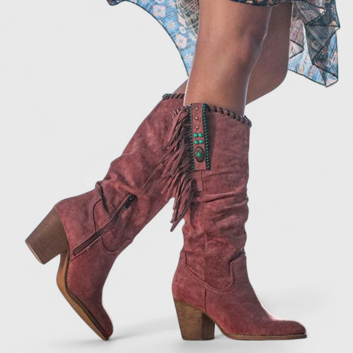 Chic calf-high women’s boots with block heels and fringe accents - J&B - 5 - London-stylehouse.com
