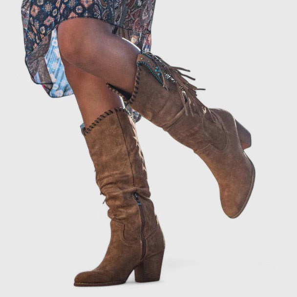 Chic calf-high women’s boots with block heels and fringe accents - J&B - 6 - London-stylehouse.com
