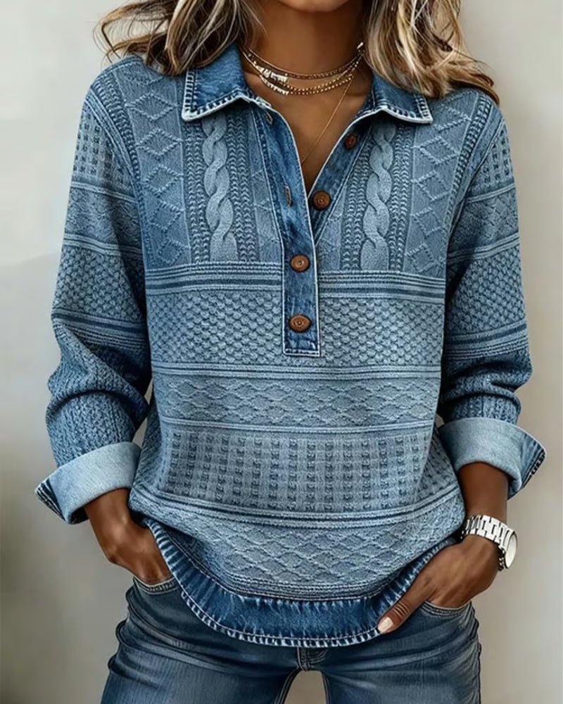 Chic women’s half-button denim-inspired sweatshirt with textured details - J&B - 1 - London-stylehouse.com