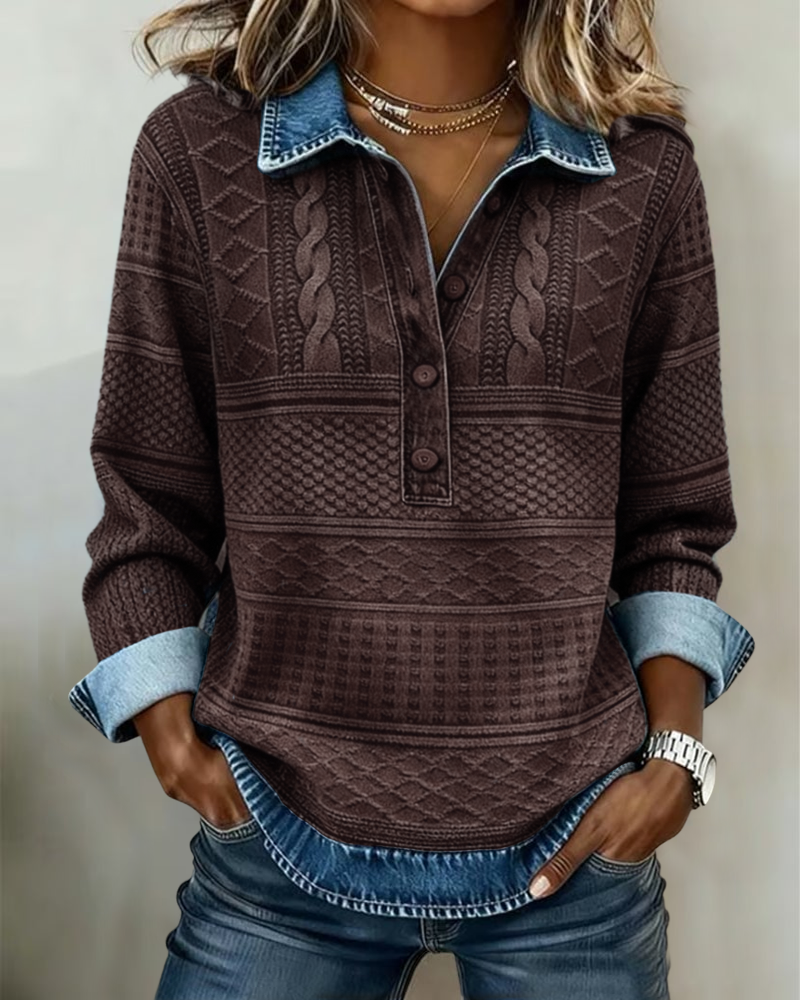 Chic women’s half-button denim-inspired sweatshirt with textured details - J&B - 3 - London-stylehouse.com