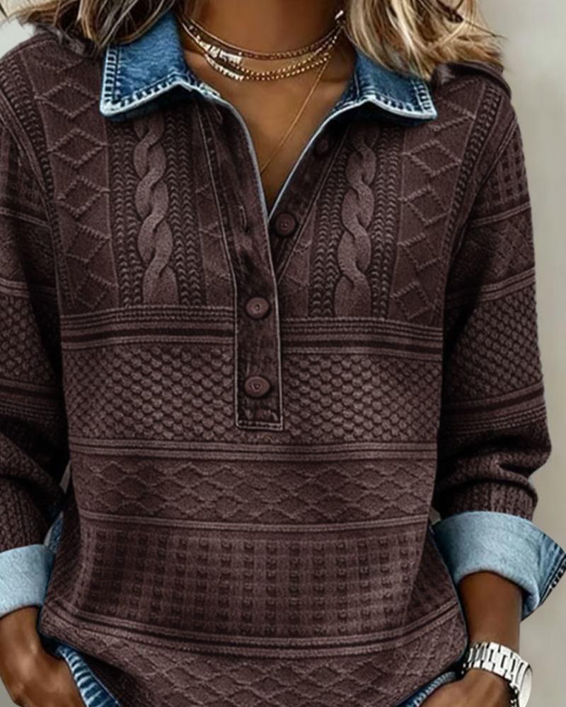 Chic women’s half-button denim-inspired sweatshirt with textured details - J&B - 4 - London-stylehouse.com