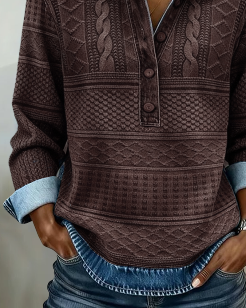Chic women’s half-button denim-inspired sweatshirt with textured details - J&B - 5 - London-stylehouse.com