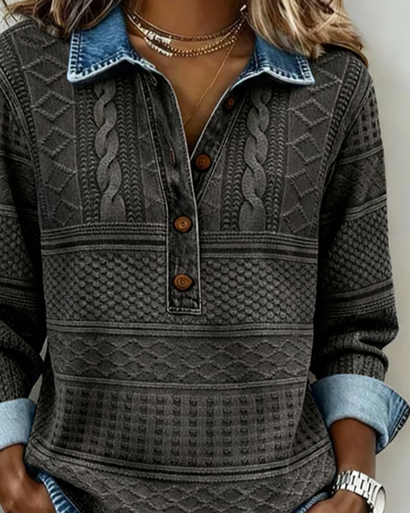 Chic women’s half-button denim-inspired sweatshirt with textured details - J&B - 6 - London-stylehouse.com