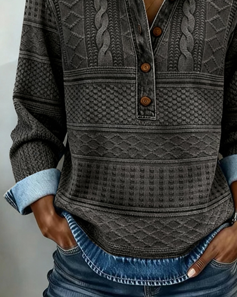 Chic women’s half-button denim-inspired sweatshirt with textured details - J&B - 7 - London-stylehouse.com