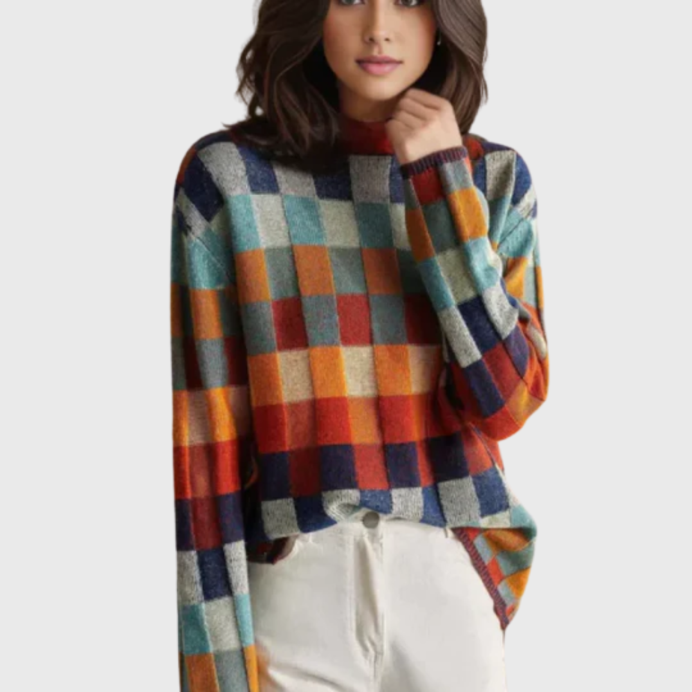 Ladies' stylish high-neck jumper featuring a vibrant check design and relaxed fit - 1 - London-stylehouse.com