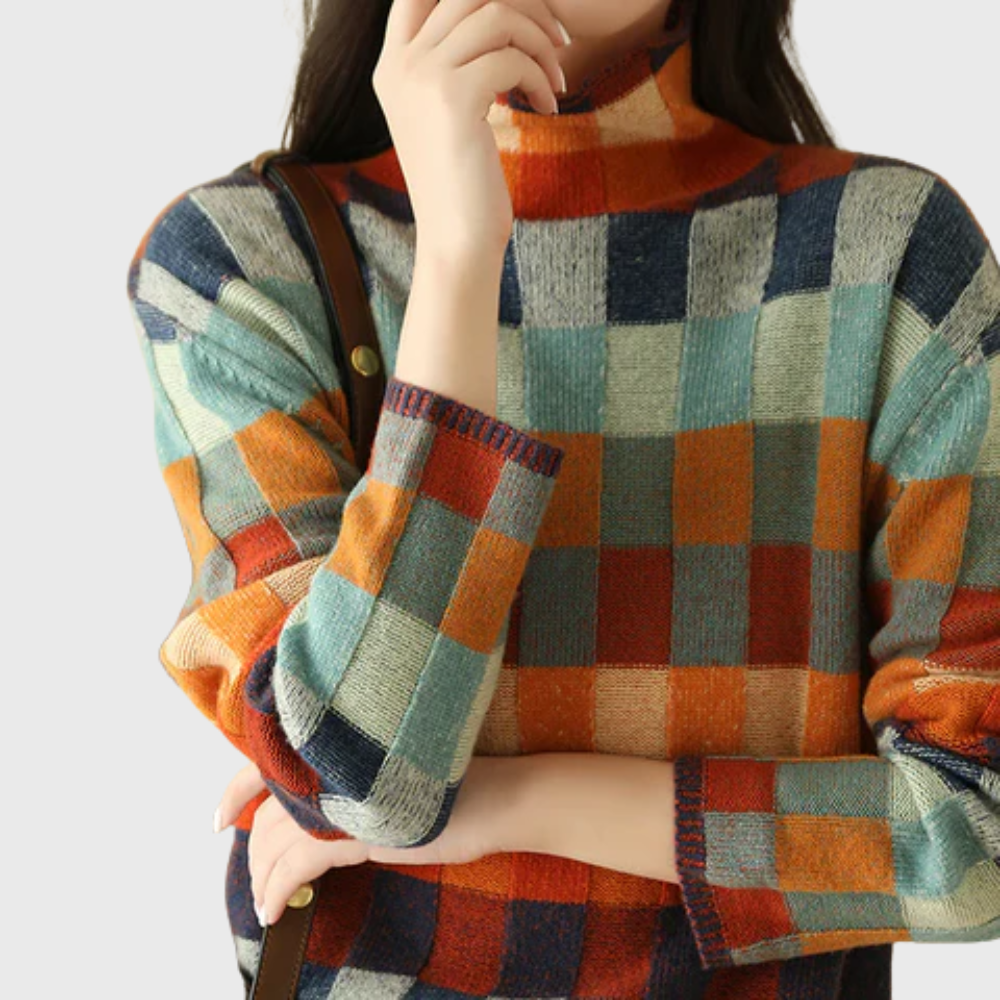 Ladies' stylish high-neck jumper featuring a vibrant check design and relaxed fit - 2 - London-stylehouse.com