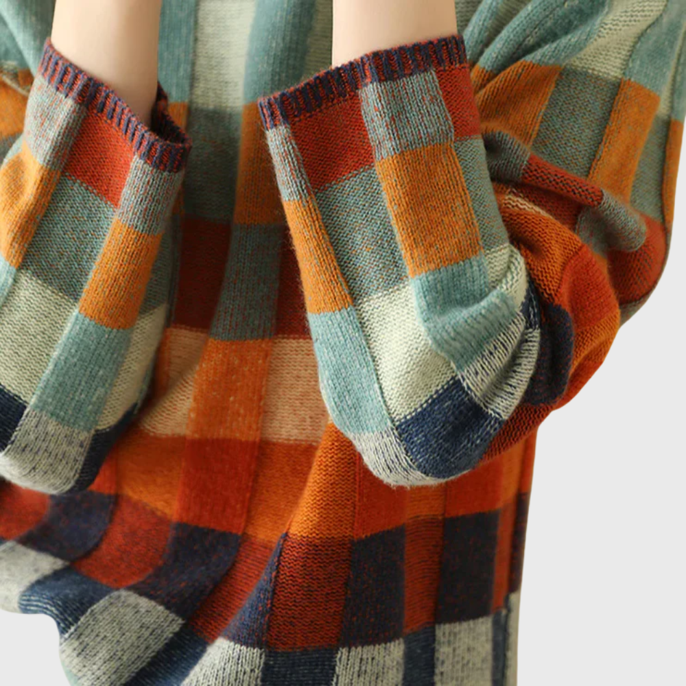 Ladies' stylish high-neck jumper featuring a vibrant check design and relaxed fit - 4 - London-stylehouse.com