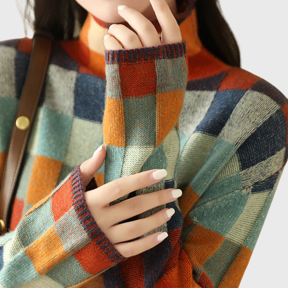 Ladies' stylish high-neck jumper featuring a vibrant check design and relaxed fit - 5 - London-stylehouse.com