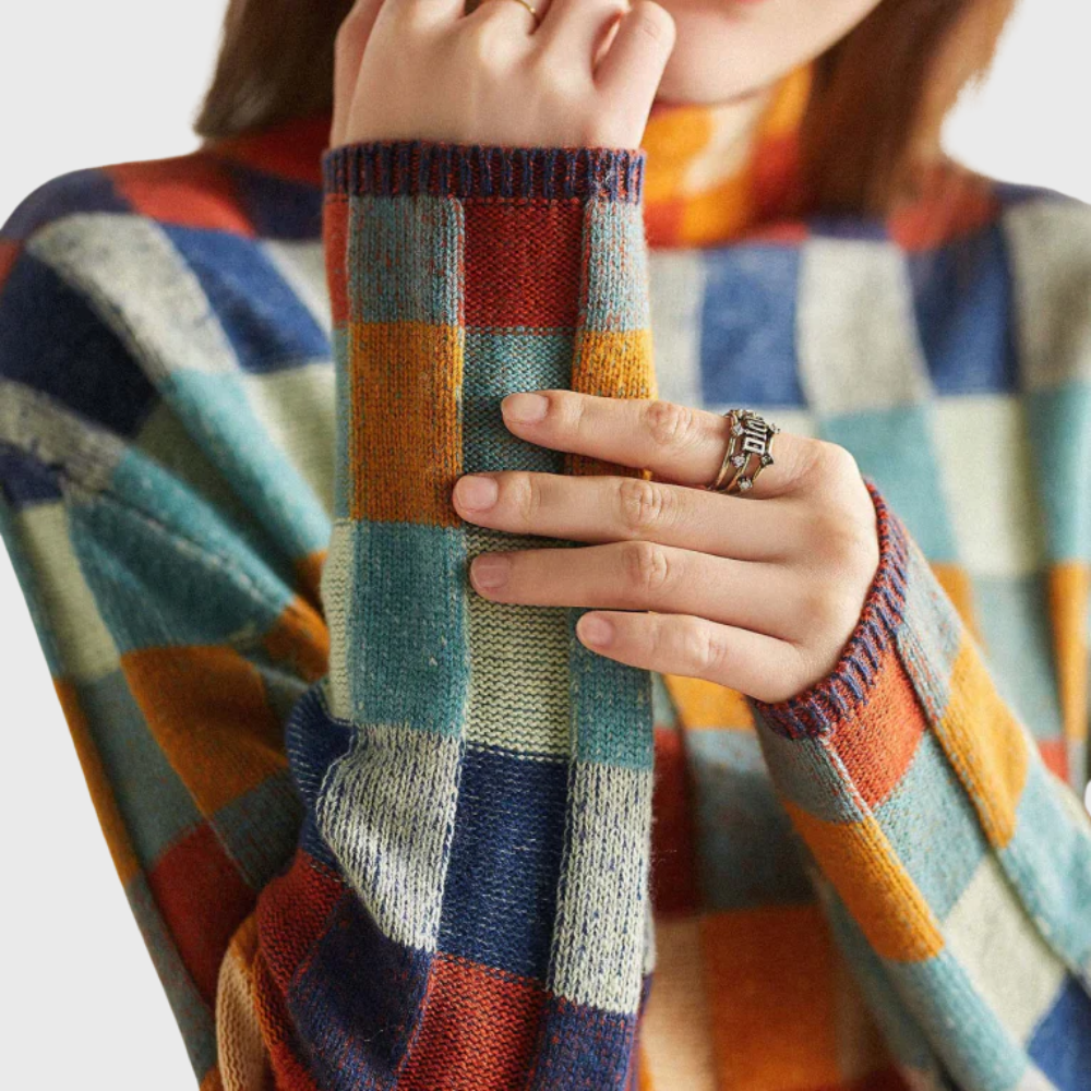 Ladies' stylish high-neck jumper featuring a vibrant check design and relaxed fit - 6 - London-stylehouse.com