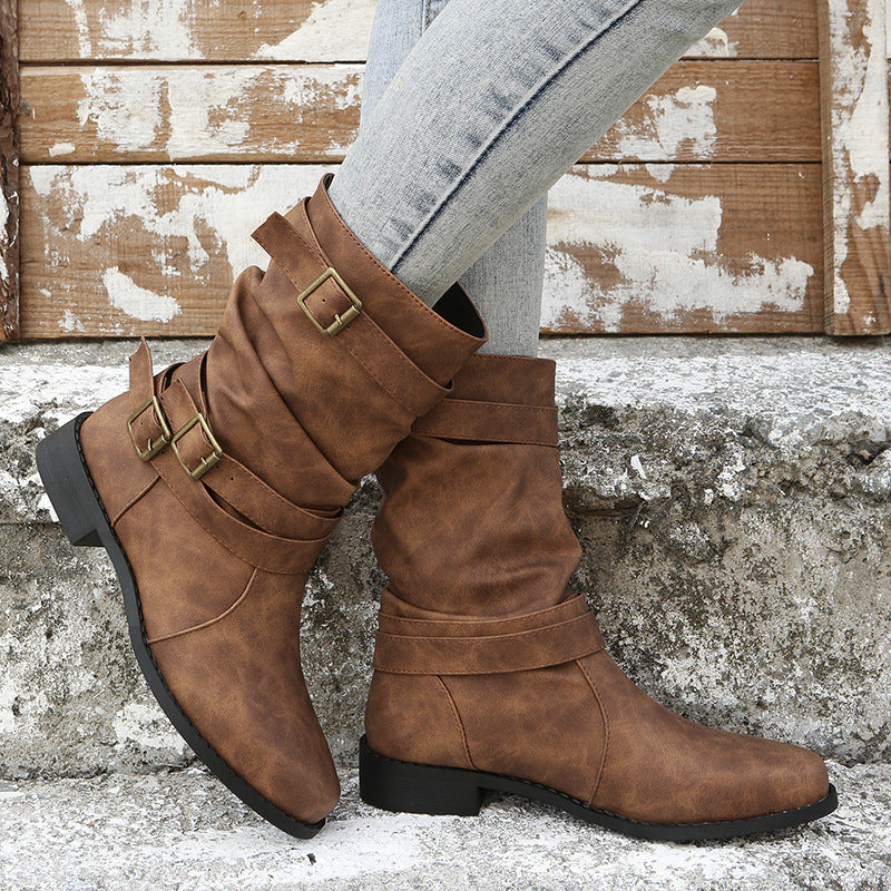 Women’s boots with low heels and stylish buckles - J&B; - 1 - London-stylehouse.com