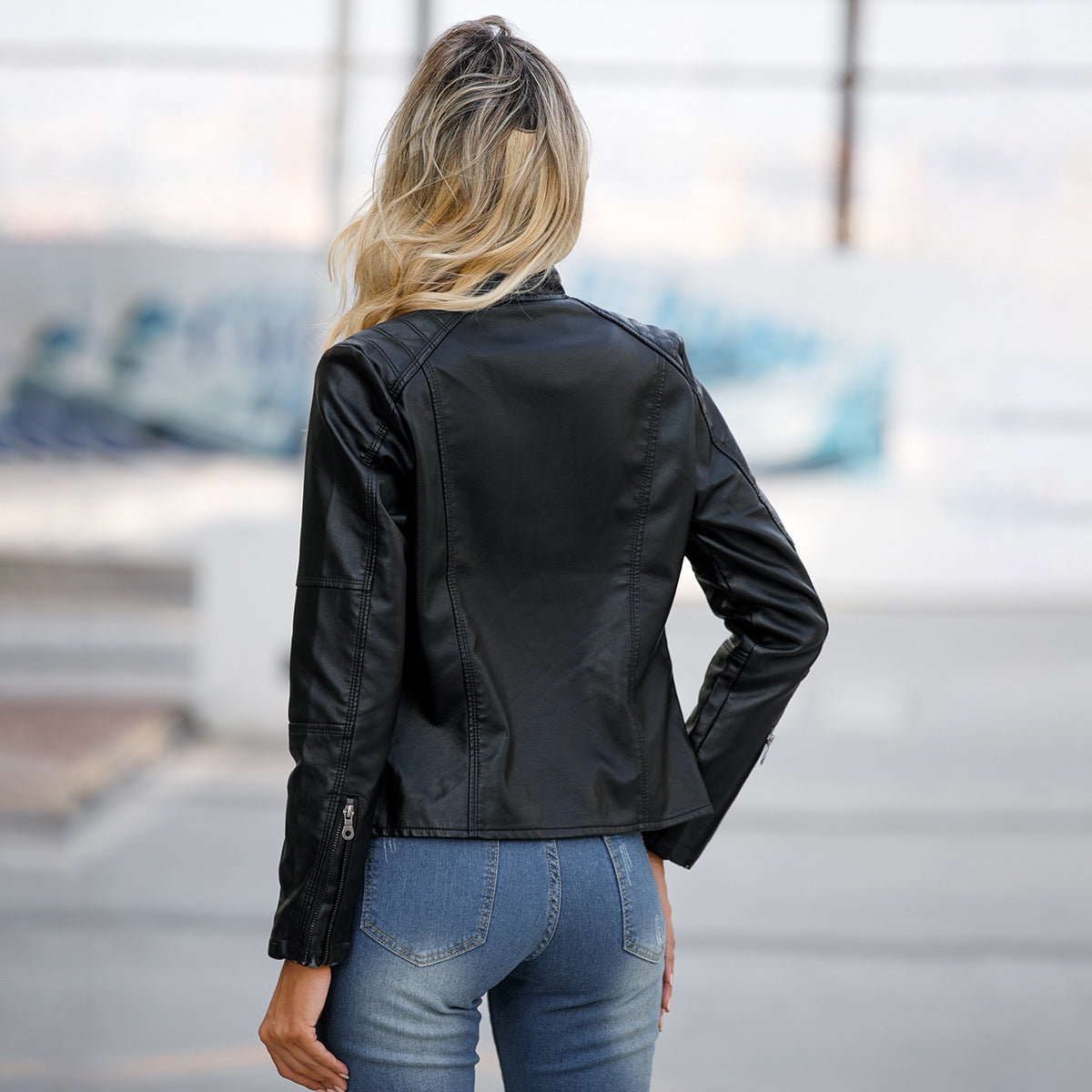 Slim-fit women’s leather jacket with a stand-up collar and zip details - J&B; - 1 - London-stylehouse.com