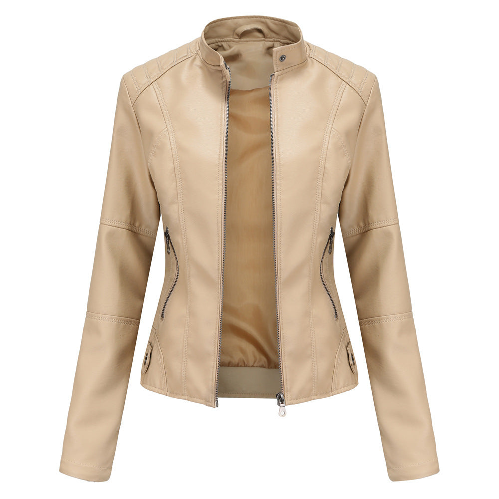 Slim-fit women’s leather jacket with a stand-up collar and zip details - J&B; - 2 - London-stylehouse.com