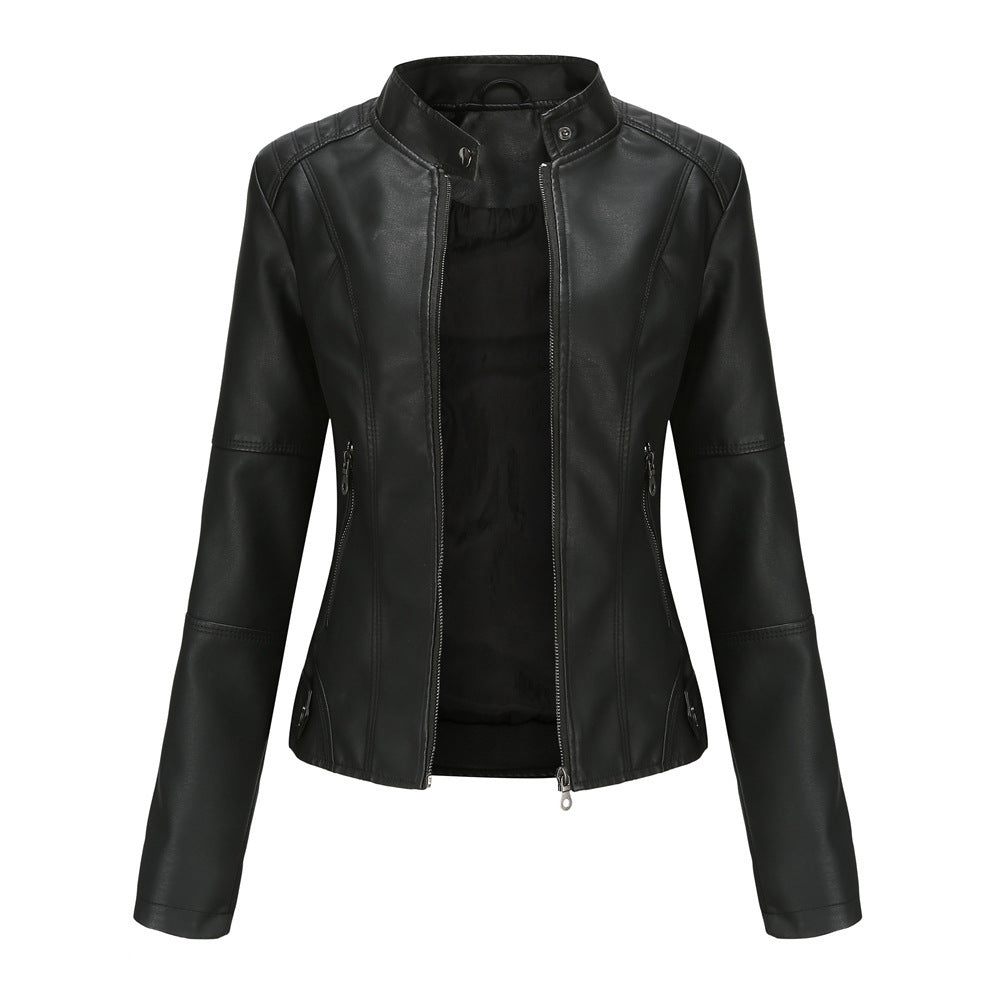 Slim-fit women’s leather jacket with a stand-up collar and zip details - J&B; - 3 - London-stylehouse.com