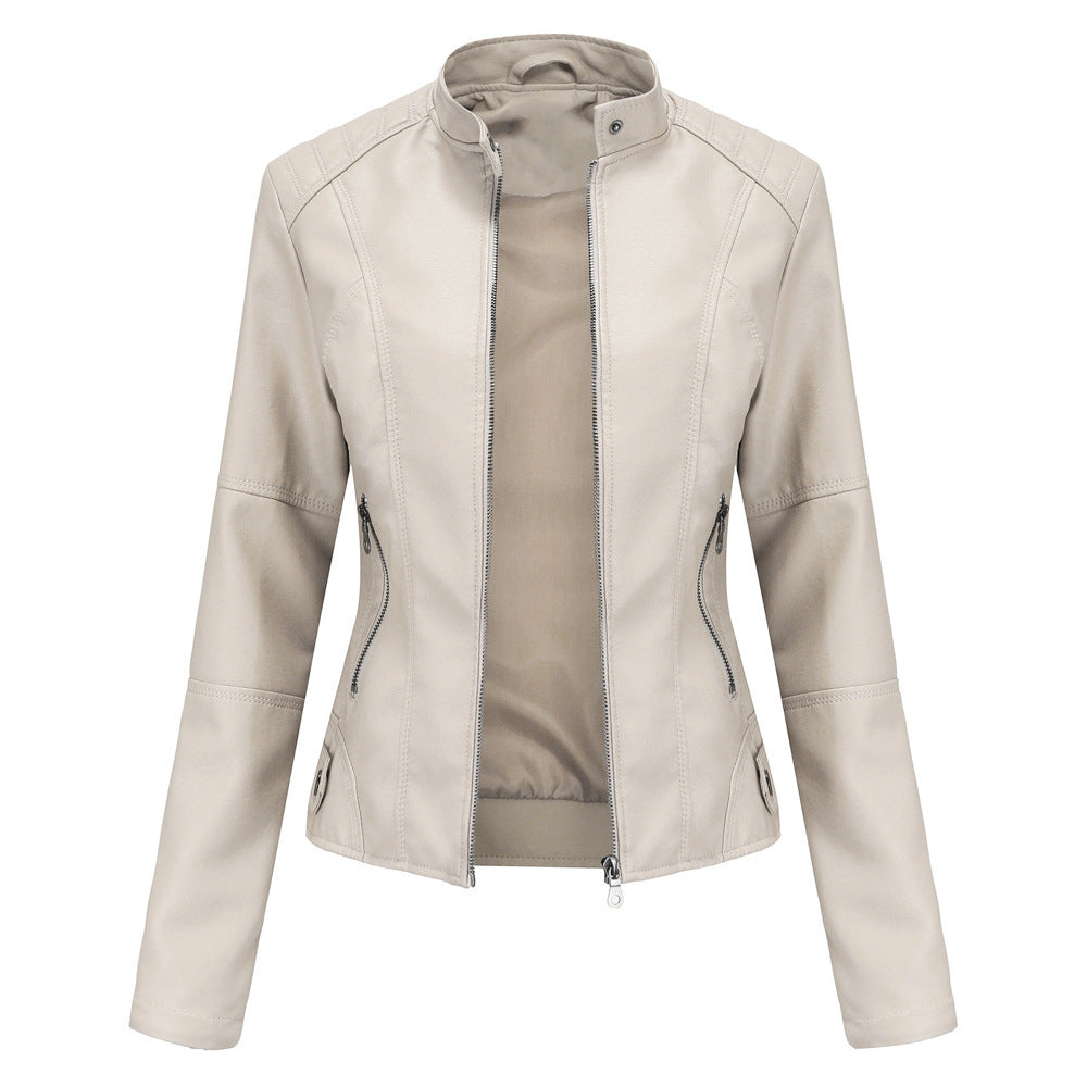 Slim-fit women’s leather jacket with a stand-up collar and zip details - J&B; - 4 - London-stylehouse.com