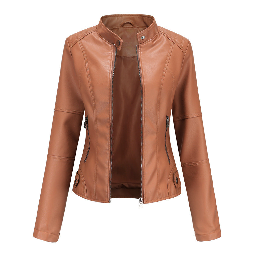 Slim-fit women’s leather jacket with a stand-up collar and zip details - J&B; - 8 - London-stylehouse.com