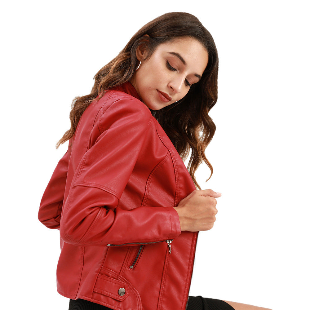 Slim-fit women’s leather jacket with a stand-up collar and zip details - J&B; - 10 - London-stylehouse.com