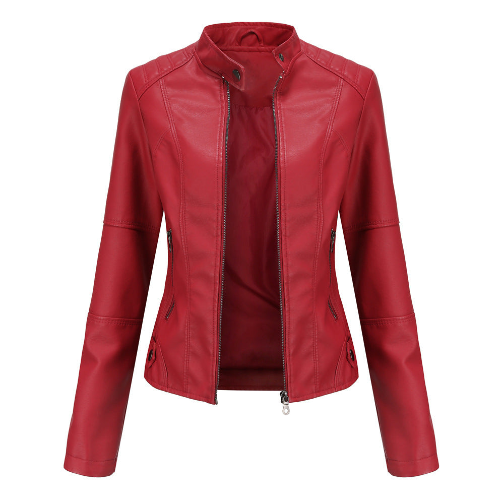 Slim-fit women’s leather jacket with a stand-up collar and zip details - J&B; - 11 - London-stylehouse.com