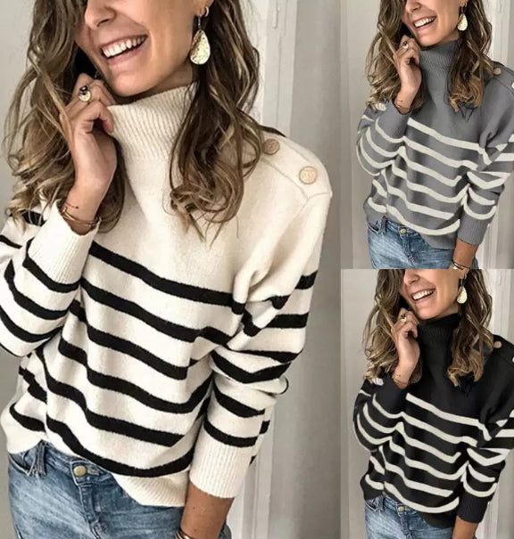 Striped women’s jumper with a high collar and button detailing - J&B; - 5 - London-stylehouse.com