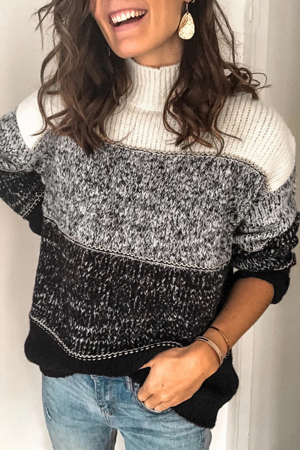 Women’s loose-fitting colour-blocked roll-neck jumper - J&B; - 5 - London-stylehouse.com