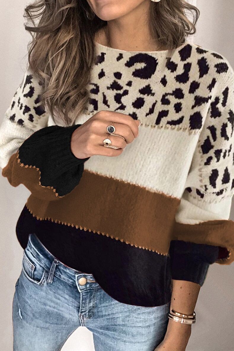 Women’s loose-fit jumper with a leopard print and contrasting stripes - J&B; - 3 - London-stylehouse.com