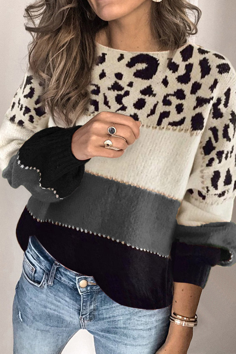 Women’s loose-fit jumper with a leopard print and contrasting stripes - J&B; - 11 - London-stylehouse.com
