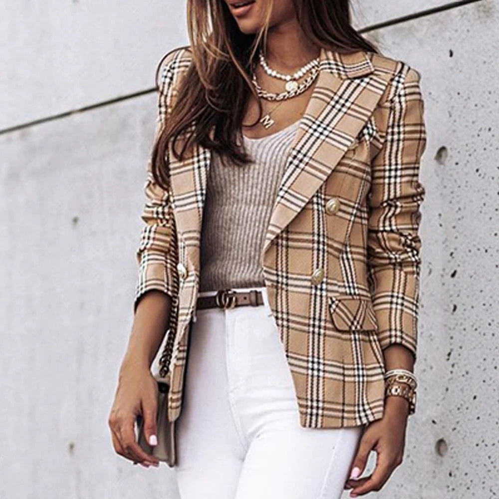 Double-breasted ladies’ blazer with a stylish checked pattern and a fitted cut - J&B; - 3 - London-stylehouse.com