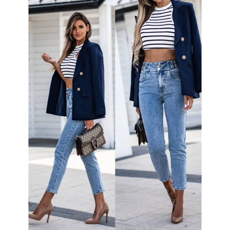 Double-breasted ladies’ blazer in light blue with an elegant cut - J&B; - 2 - London-stylehouse.com
