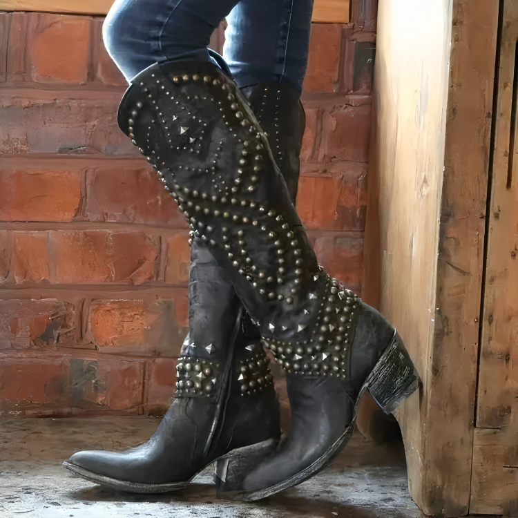 Knee-high women’s cowboy boots with stud detailing - J&B; - 3 - London-stylehouse.com
