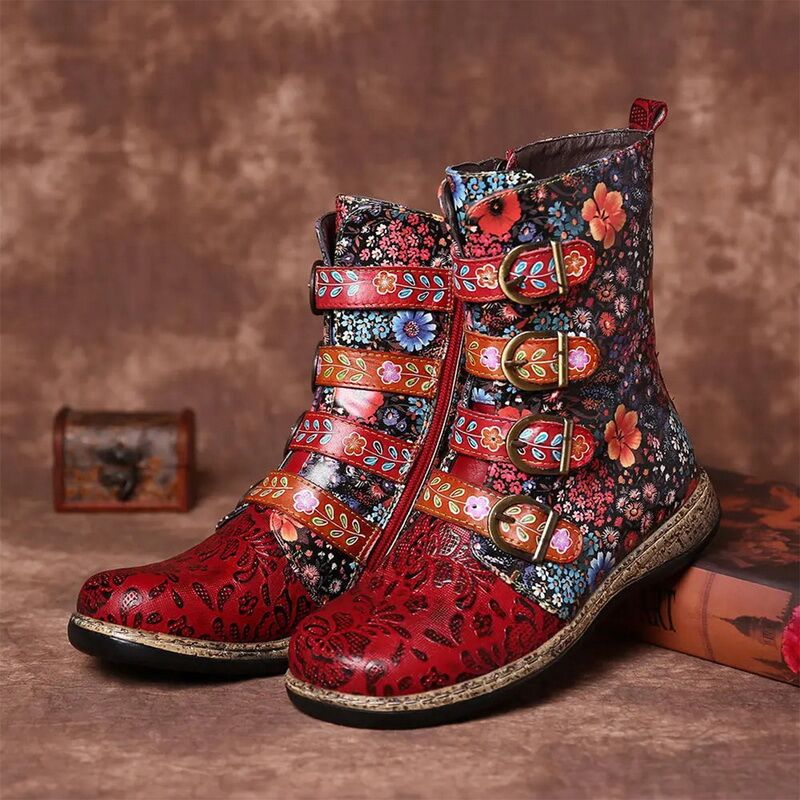 Stylish women’s ankle boots with a floral pattern and buckles - J&B; - 1 - London-stylehouse.com
