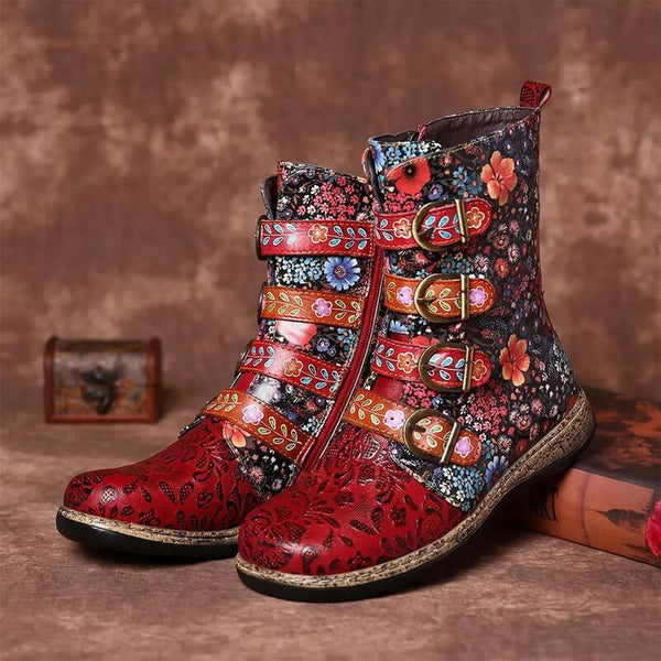 Stylish women’s ankle boots with a floral pattern and buckles - J&B; - 1 - London-stylehouse.com