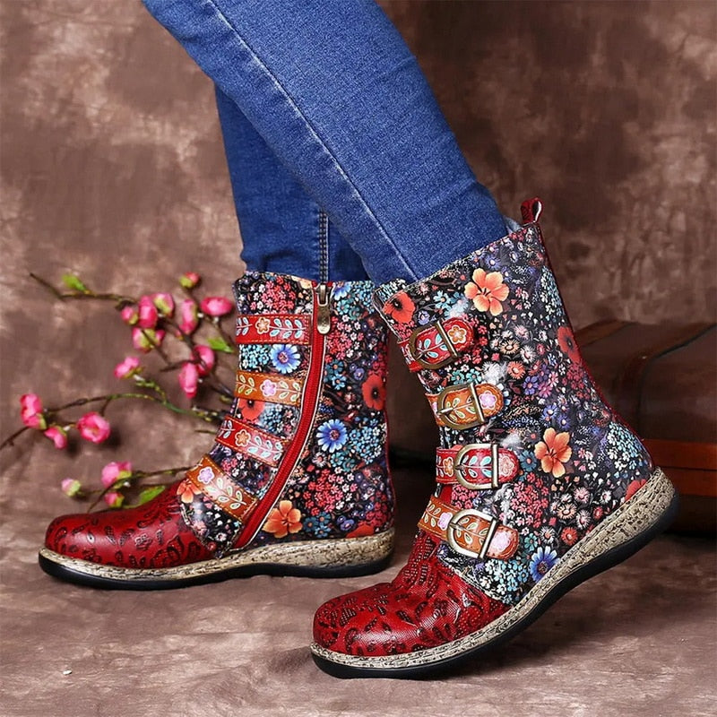 Stylish women’s ankle boots with a floral pattern and buckles - J&B; - 2 - London-stylehouse.com