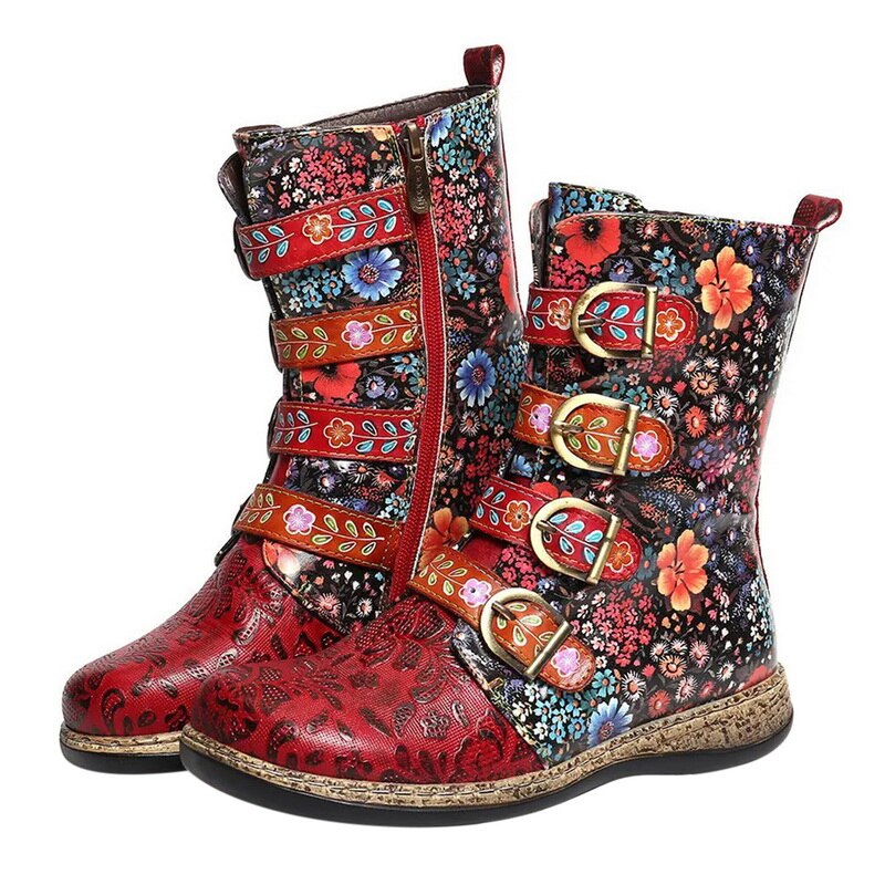 Stylish women’s ankle boots with a floral pattern and buckles - J&B; - 8 - London-stylehouse.com