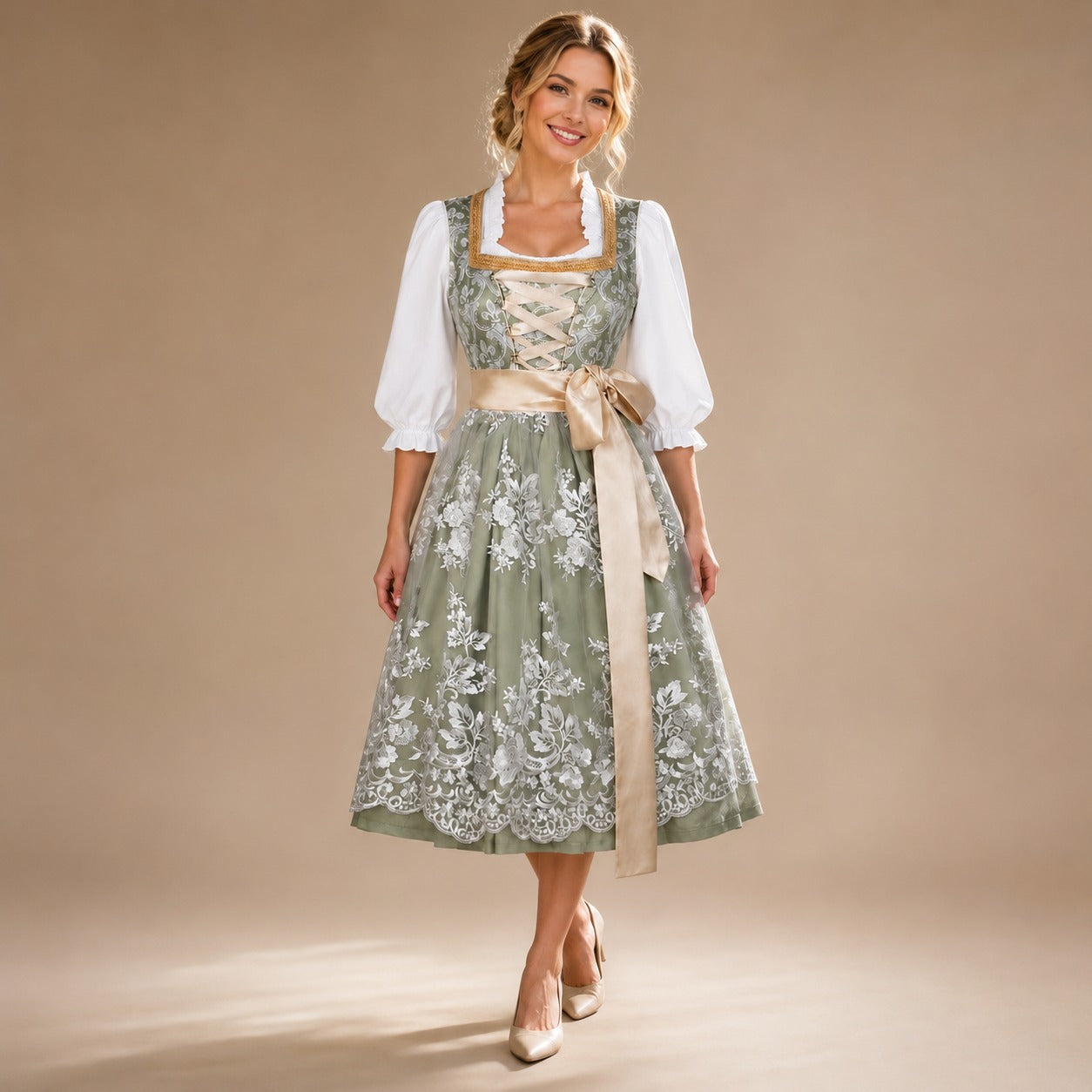 Women’s Dirndl – Elegant floral pattern with lacing and waist belt - J&B; - 4 - London-stylehouse.com