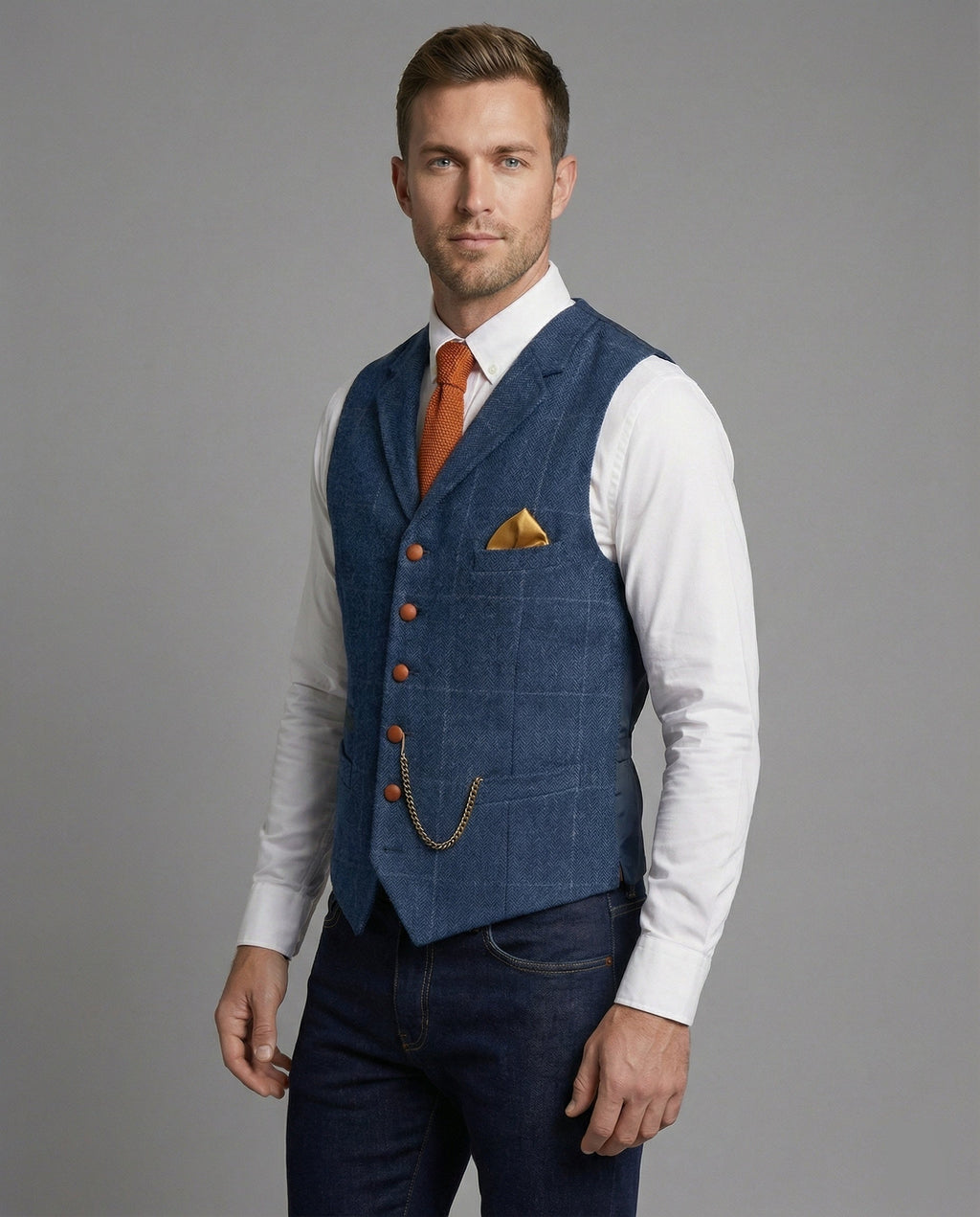 Stylish men’s waistcoat with a herringbone pattern and chain - J&B; - 1 - London-stylehouse.com