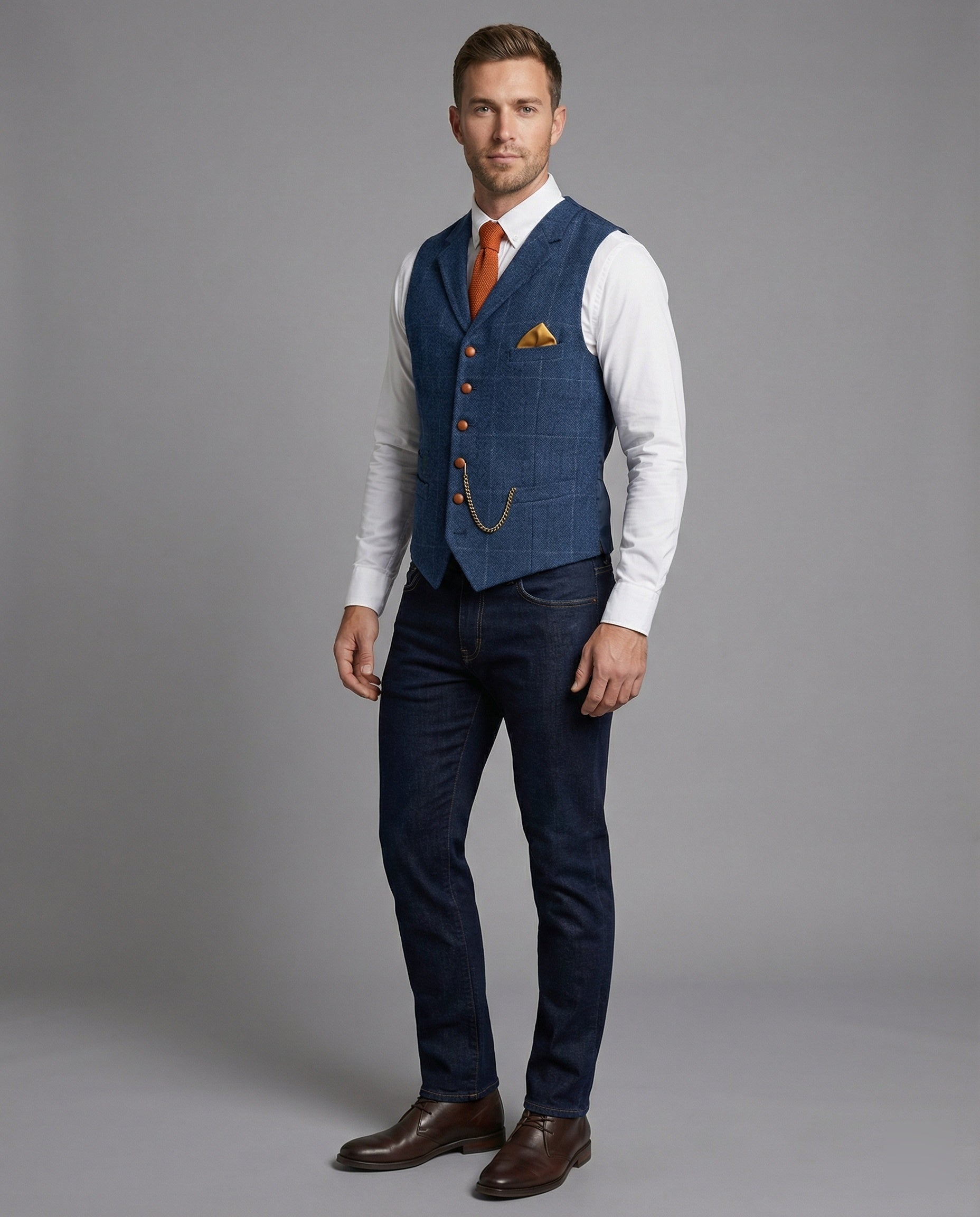 Stylish men’s waistcoat with a herringbone pattern and chain - J&B; - 2 - London-stylehouse.com