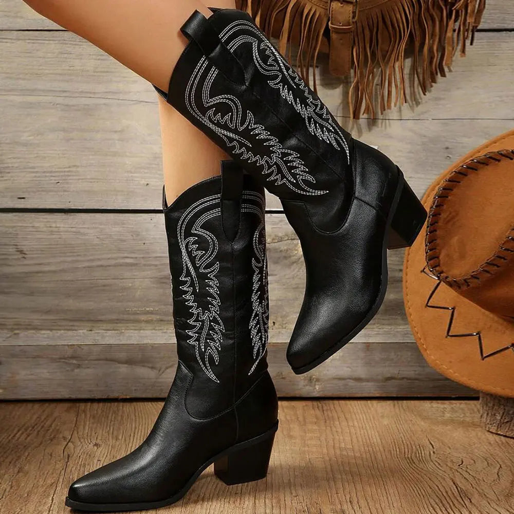 Women’s Western-style boots with block heels and intricate embroidery - J&B; - 1 - London-stylehouse.com