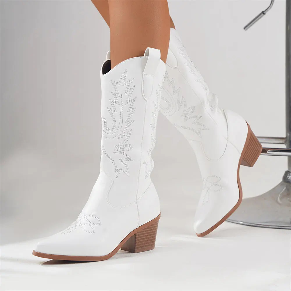 Women’s Western-style boots with block heels and intricate embroidery - J&B; - 3 - London-stylehouse.com