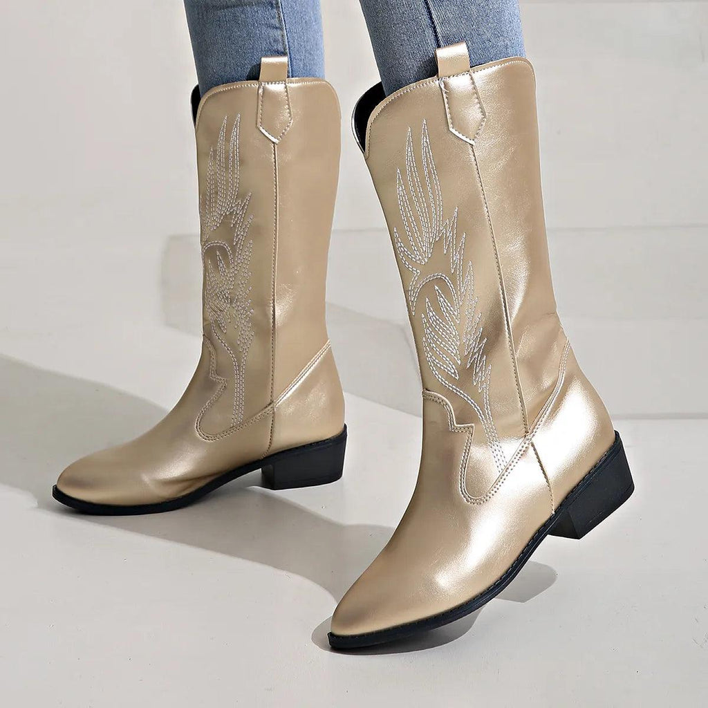 Women’s cowboy boots with block heels and stylish embroidery - J&B; - 7 - London-stylehouse.com