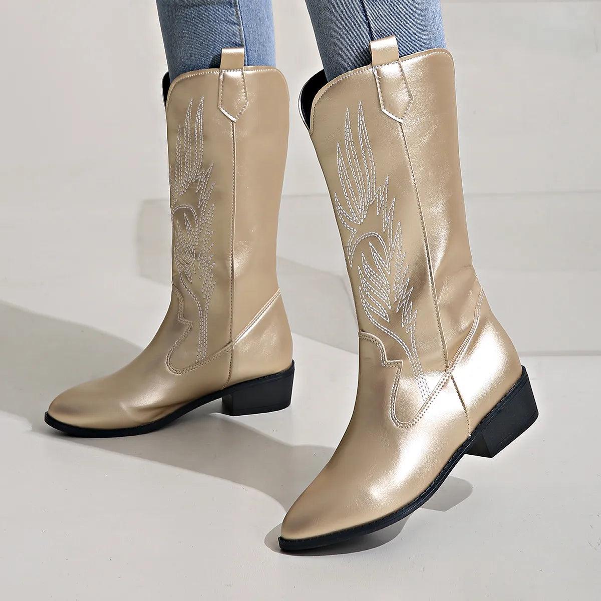 Women’s cowboy boots with block heels and stylish embroidery - J&B; - 7 - London-stylehouse.com