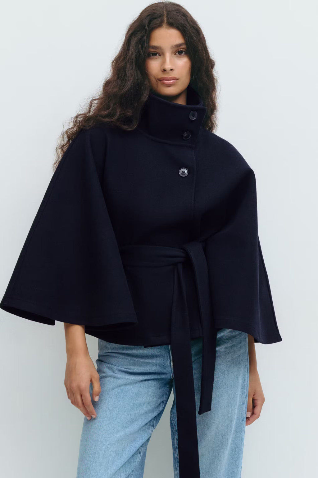 Women’s loose-fitting cape coat with a high collar and belt - J&B; - 5 - London-stylehouse.com