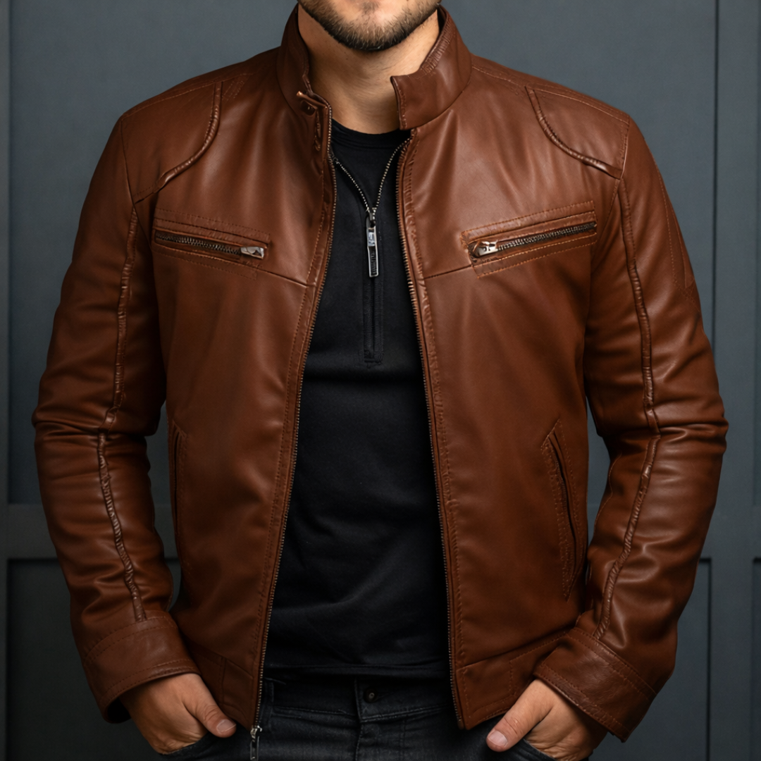 Men's leather jacket with zipped pockets and a contemporary fit | L&S - 1 - London-stylehouse.com