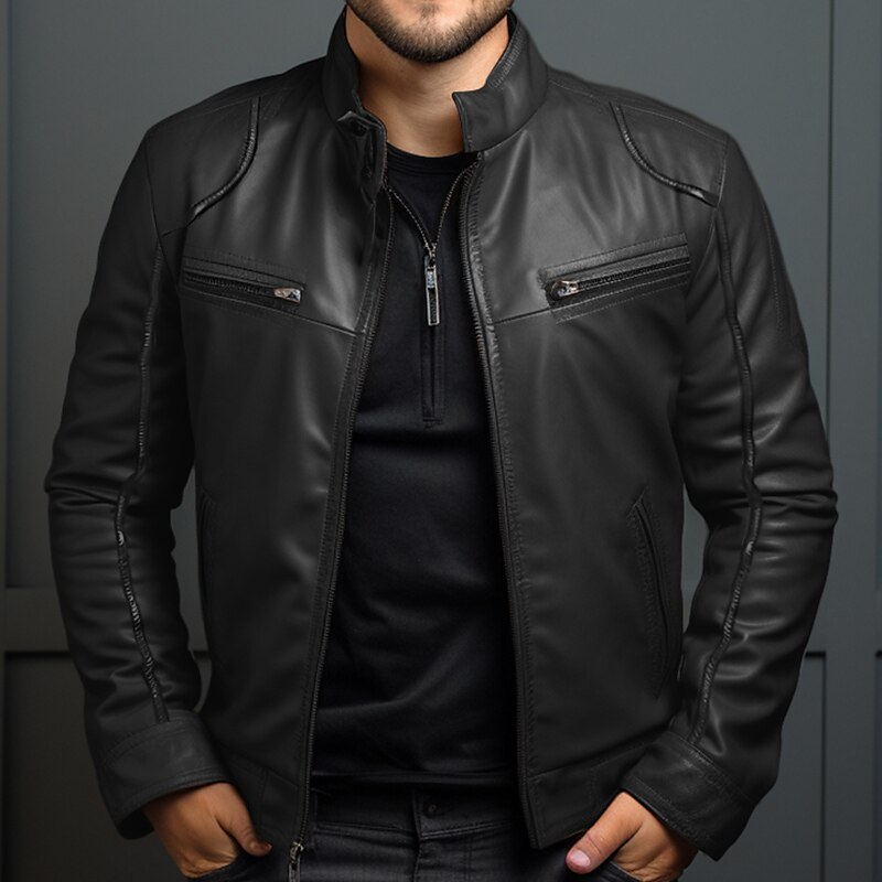 Men's leather jacket with zipped pockets and a contemporary fit | L&S - 2 - London-stylehouse.com